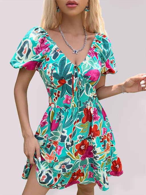 Elegant Tie-Print Ruffle V-Neck Dress