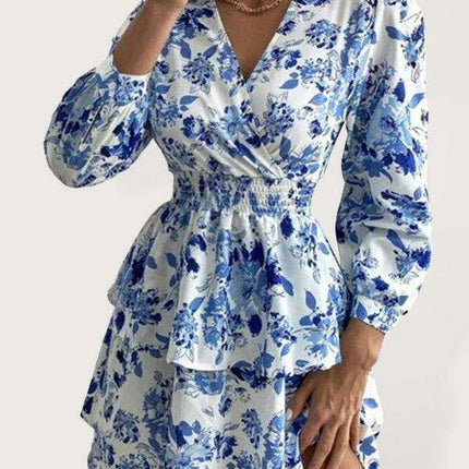 Chic Printed Pleated V-Neck Long Sleeve Dress