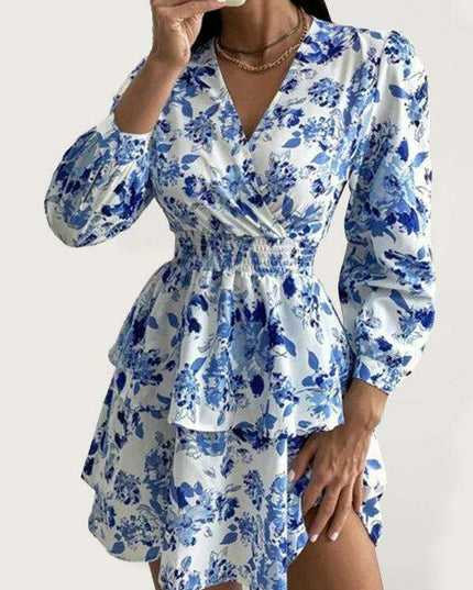 Chic Printed Pleated V-Neck Long Sleeve Dress