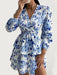 Romantic V-Neck Woven Print Pleated Dress with Long Sleeves