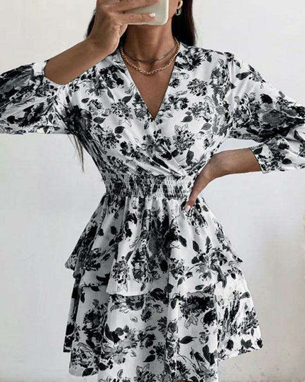 Chic Printed Pleated V-Neck Long Sleeve Dress