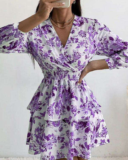 Chic Printed Pleated V-Neck Long Sleeve Dress
