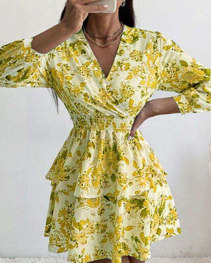 Chic Printed Pleated V-Neck Long Sleeve Dress