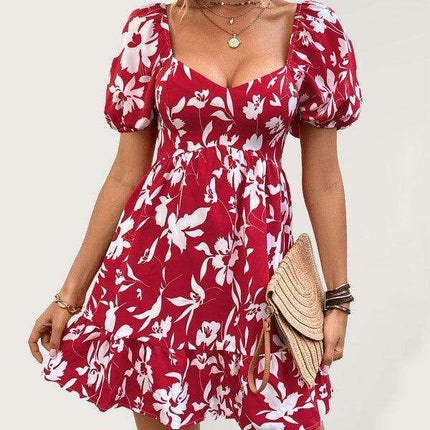 Chic French Vintage Print Sweetheart Neckline Women's Woven Dress