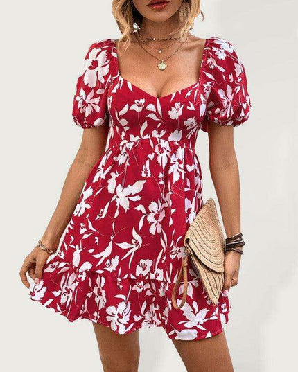 Chic French Vintage Print Sweetheart Neckline Women's Woven Dress
