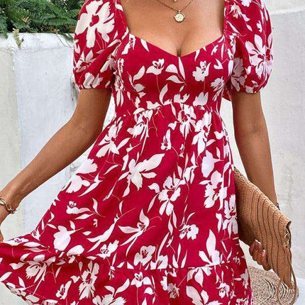 Chic French Vintage Print Sweetheart Neckline Women's Woven Dress