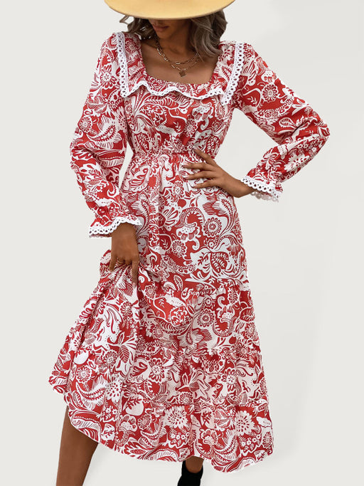 Chic Printed Square Neck Long Sleeve Dress for Women