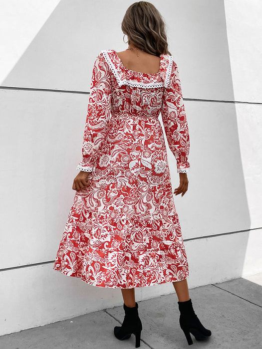 Chic Square Neck Printed Dress with Long Sleeves for Women