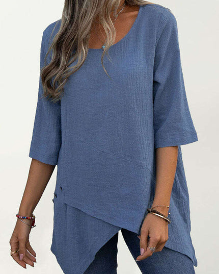 Cotton Linen Round Neck Irregular Shirt Half Sleeve Top