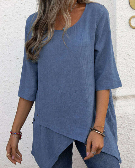 Cotton Linen Round Neck Irregular Shirt Half Sleeve Top