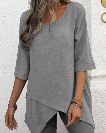 Cotton Linen Round Neck Irregular Shirt Half Sleeve Top
