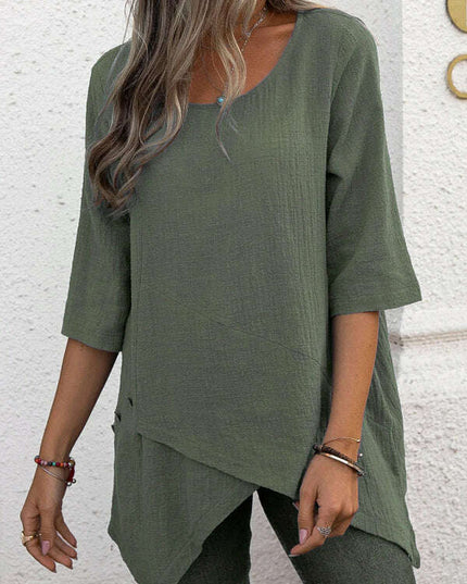 Cotton Linen Round Neck Irregular Shirt Half Sleeve Top