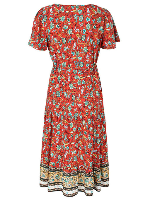 Slim-fit small floral print single-breasted mid-length V-neck short-sleeved dress