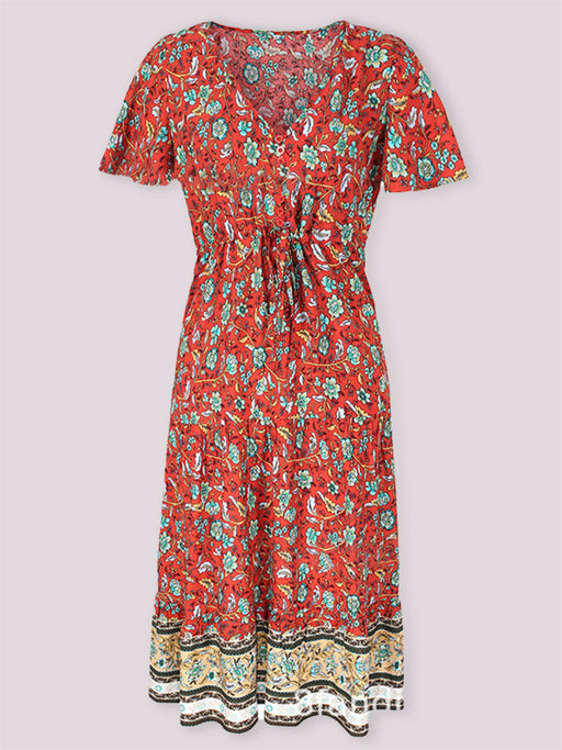 Floral V-Neck Slim-Fit Dress with Short Sleeves - Versatile Summer Fashion Statement