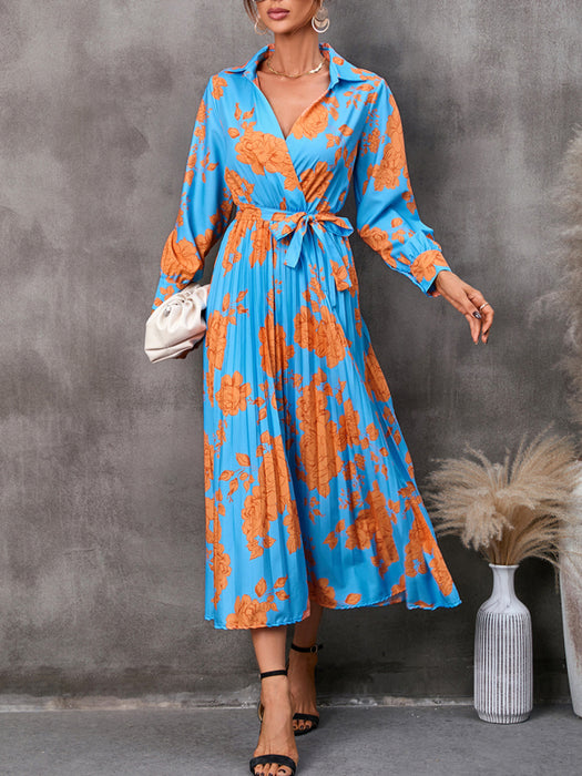 Printed Lapel Collar Dress with Sleeves