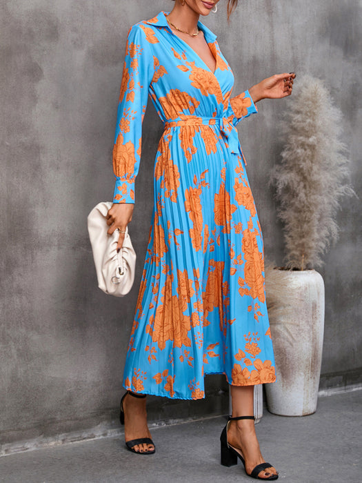 Printed Lapel Collar Dress with Sleeves