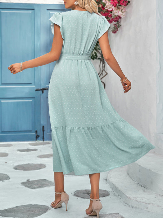 Lace V-Neck Casual Dress with Tie Waist in Solid Color