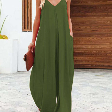 New cross-border solid color side pocket casual jumpsuit