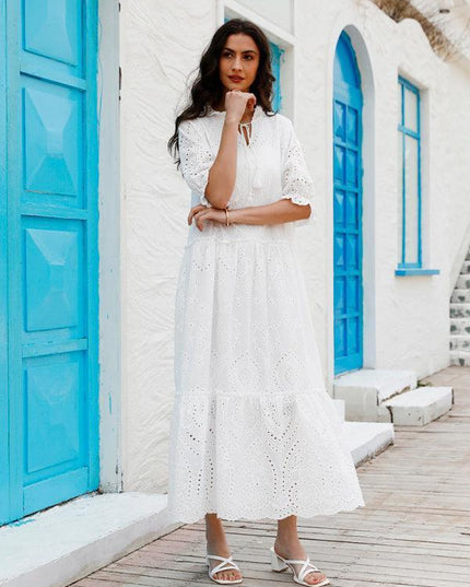 Chic Bohemian V-Neck Cotton Dress - Essential Summer Wardrobe Staple for Women