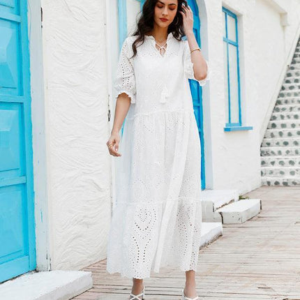Chic Bohemian V-Neck Cotton Dress - Essential Summer Wardrobe Staple for Women
