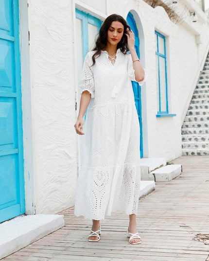 Chic Bohemian V-Neck Cotton Dress - Essential Summer Wardrobe Staple for Women