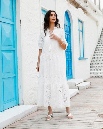 Chic Bohemian V-Neck Cotton Dress - Essential Summer Wardrobe Staple for Women