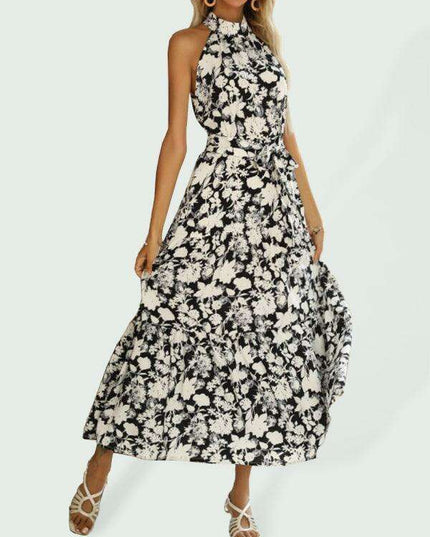 Sensual French Halter Neck Printed Summer Dress with Slit Detail