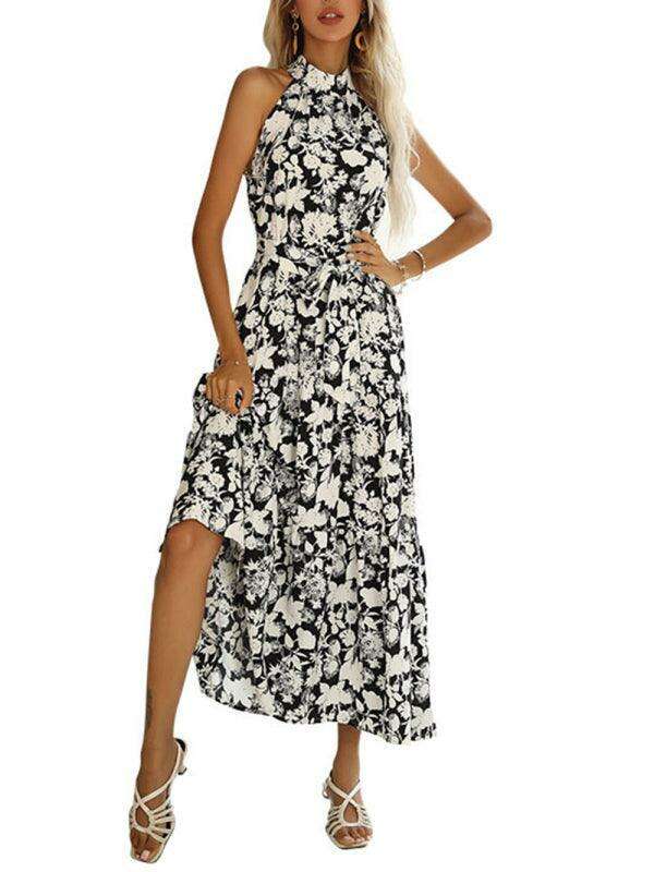 Sensual French Halter Neck Printed Summer Dress with Slit Detail