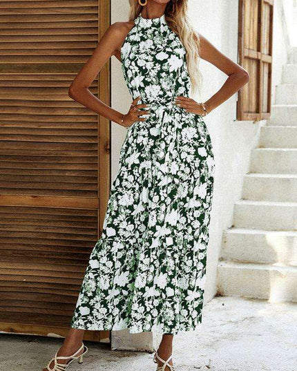 Sensual French Halter Neck Printed Summer Dress with Slit Detail