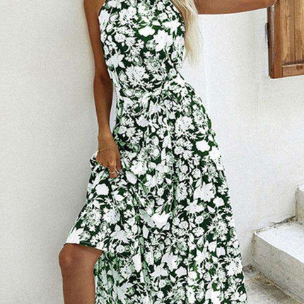 Sensual French Halter Neck Printed Summer Dress with Slit Detail