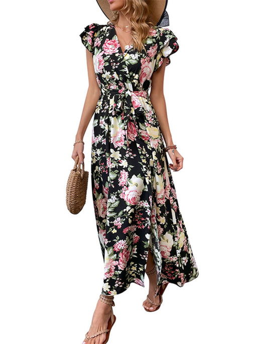 New European and American women's summer vacation mid-length slit floral dress