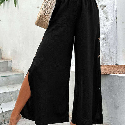 Women's Commuter Style Slit Button High Waist Wide Leg Pants