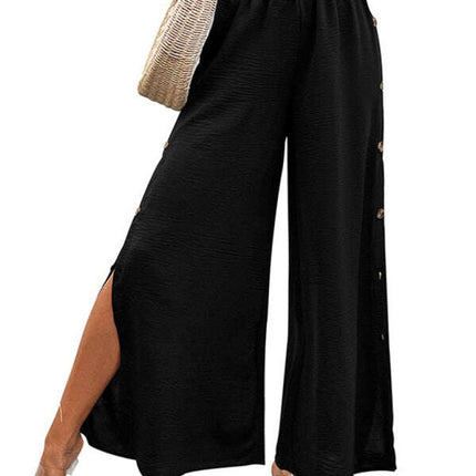 Women's Commuter Style Slit Button High Waist Wide Leg Pants