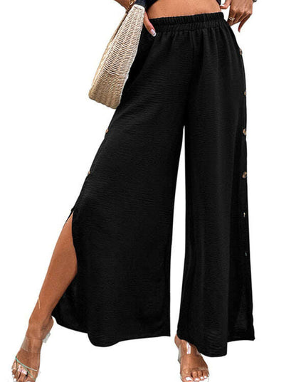 Women's Commuter Style Slit Button High Waist Wide Leg Pants