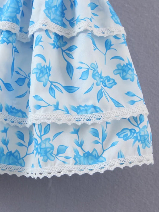 European Charm V-Neck Floral Skirt with Layered Elegance