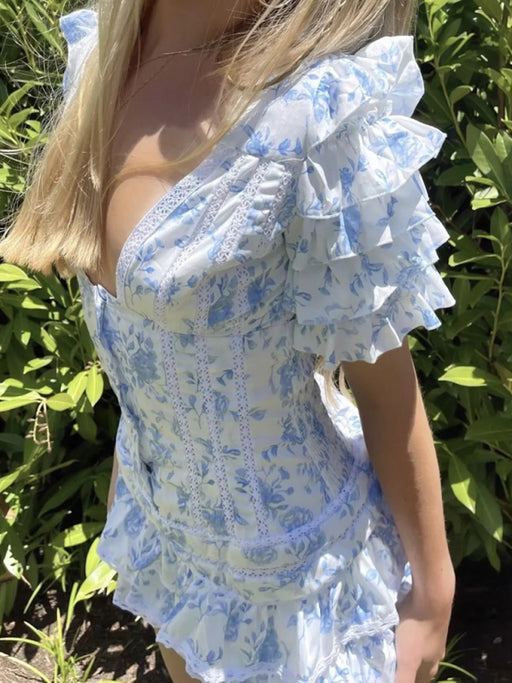 European Chic Layered Floral V-Neck Skirt