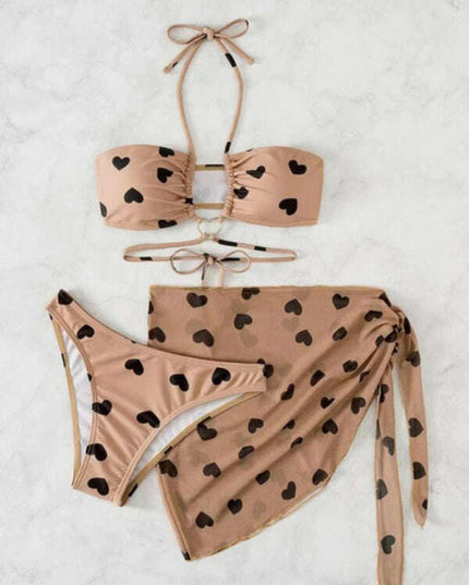 Women's love print two-piece bikini three-piece set