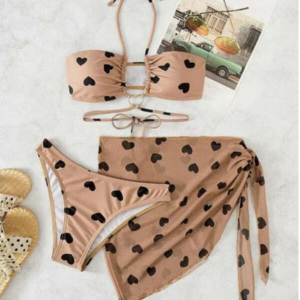 Women's love print two-piece bikini three-piece set