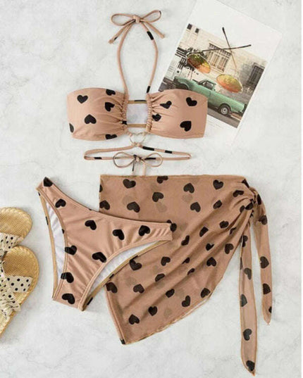 Women's love print two-piece bikini three-piece set