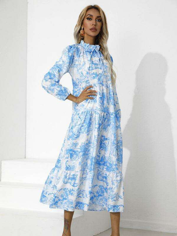 Chic Printed Loose Fit Dress with Cropped Sleeves and Round Neck