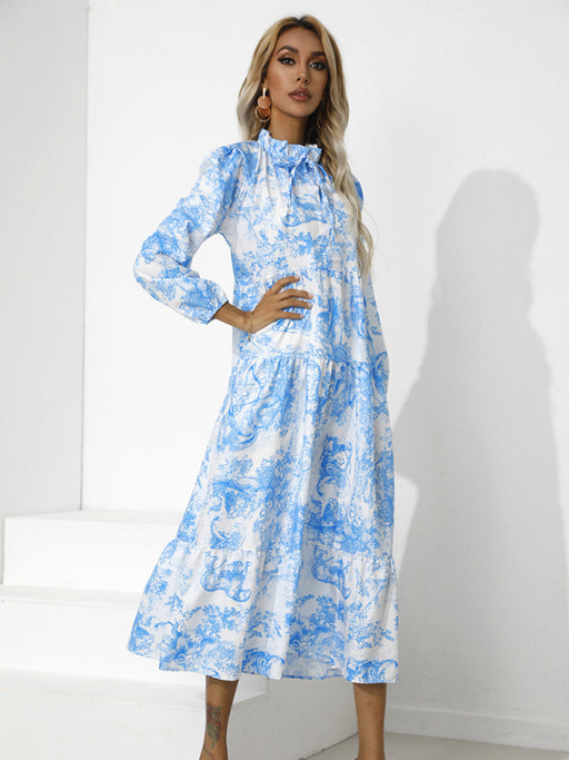 Printed Round Neck Loose Fit Cropped Sleeve Dress