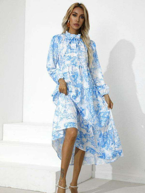 Chic Printed Loose Fit Dress with Cropped Sleeves and Round Neck