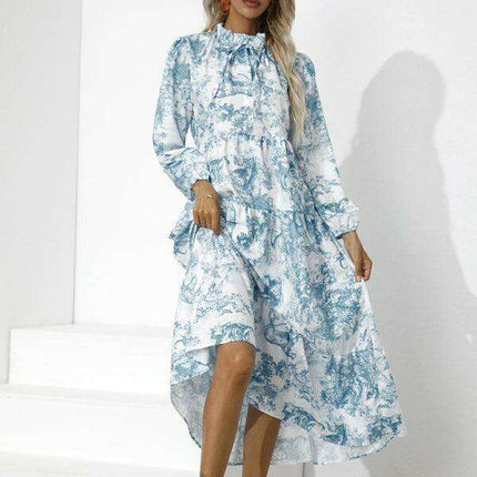 Chic Printed Loose Fit Dress with Cropped Sleeves and Round Neck