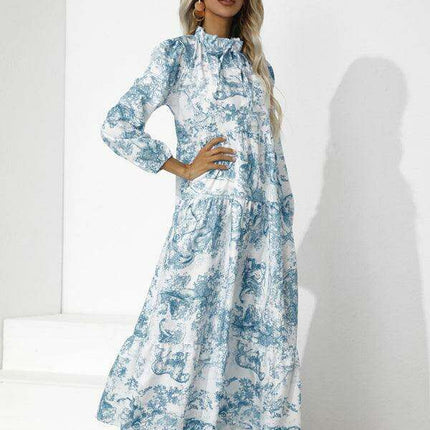 Chic Printed Loose Fit Dress with Cropped Sleeves and Round Neck