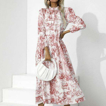 Chic Printed Loose Fit Dress with Cropped Sleeves and Round Neck