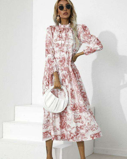 Chic Printed Loose Fit Dress with Cropped Sleeves and Round Neck