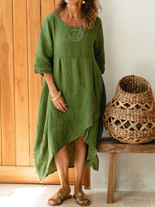 Effortless Style Casual Cotton Linen Dress with Three-Quarter Sleeves and Round Neck