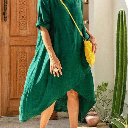 Elegant Cotton Linen Midi Dress: Casual Round Neck with Stylish Three-Quarter Sleeves