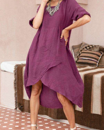 Elegant Cotton Linen Midi Dress: Casual Round Neck with Stylish Three-Quarter Sleeves
