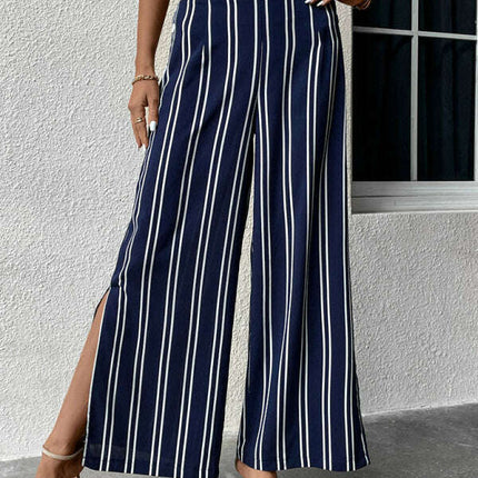 Women's striped commuter style slit high waist wide leg pants